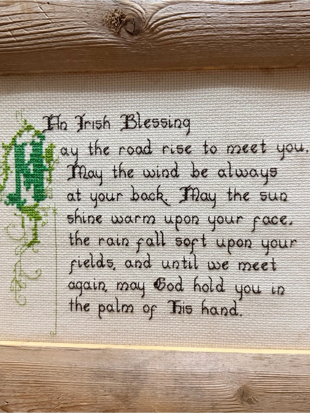 Hand-Embroidered Irish Blessing Cross Stitch Sampler in Rustic Wood Frame